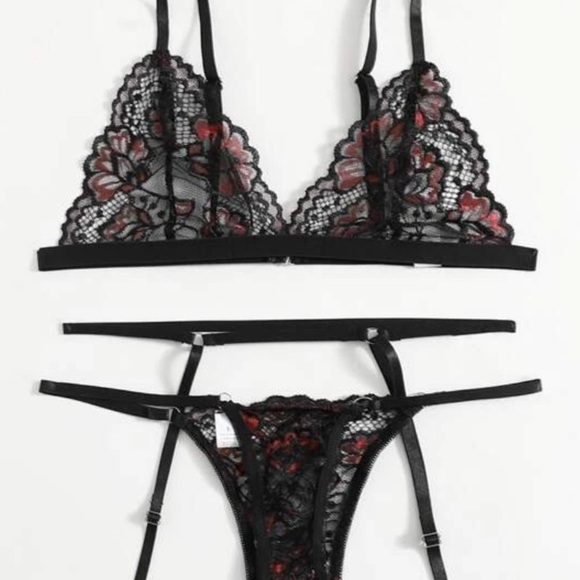 Black Red Lace Transparent Bra Panties Garter Set - Picture 4 of 7